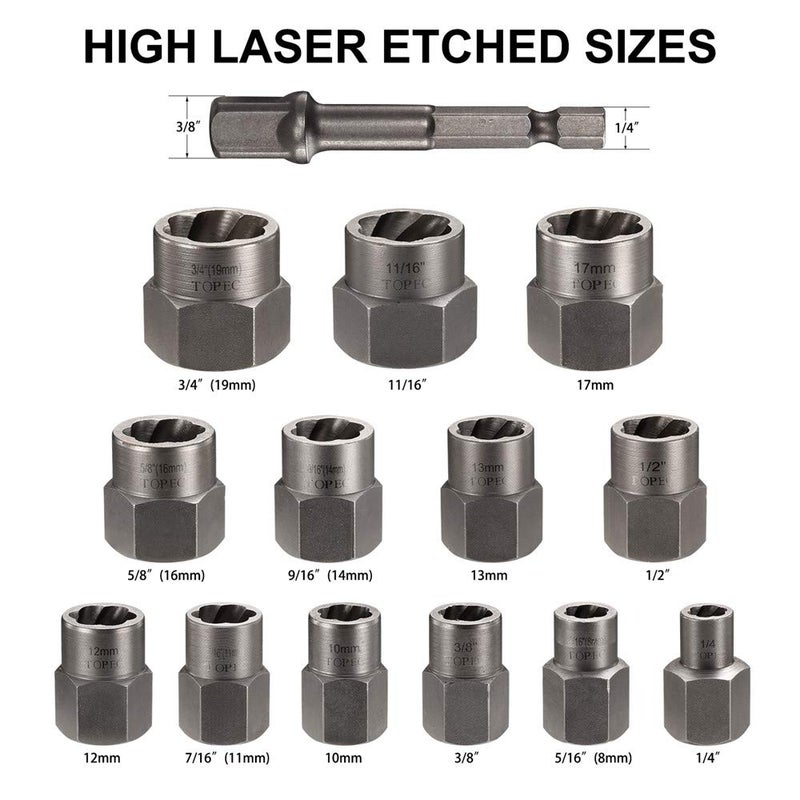 Topec 13+1 Piece Impact Bolt & Nut Remover Set - 3/8"" Drive with Nut Extractor Socket  Hex Adapter  and Bolt Remover Tool for Damaged  Rusted  or Rounded-Off Bolts  Nuts  and Screws - Image 2